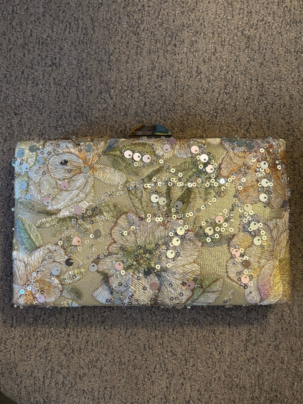 Embellished Floral Sequin Clutch — Gold